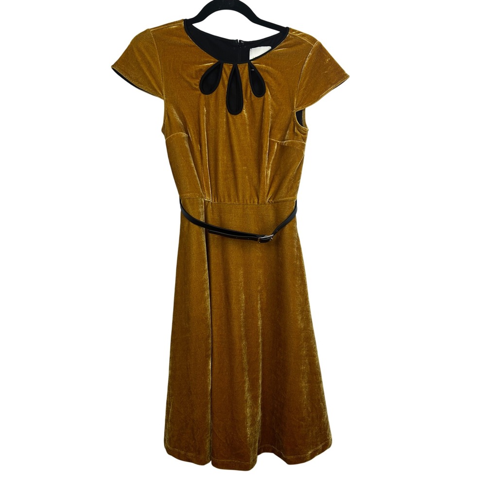 Modcloth Mystery Mastery Belted Dress Pockets Gold Velvet Retro Pinup Size Small